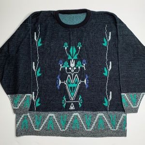 Vintage 80s Black Floral Oversized Knit Sweater XL